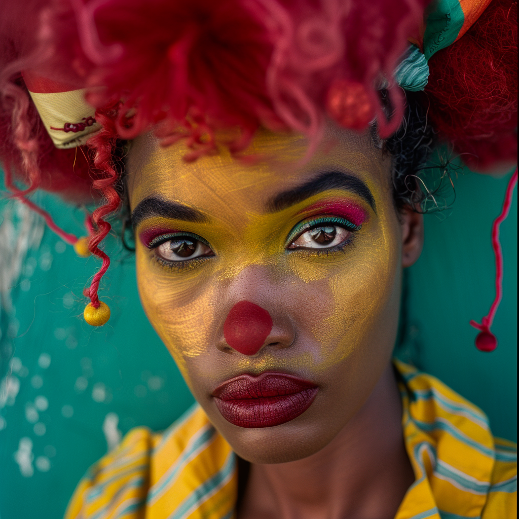 Shot using Hasselblad H6D400c of exotic juicy no smile. The background is bright Hunter Green, creating a striking contrast that highlights Glamour centerfold look. Hip Hop Exotic south african pin up models with ((1988's Hip Hop style)). Model poses in front of camera with circus clown makeup serious look. ((Light hazel eyes)). Contrast portrait and fine detail with high motion. Studio lighting. ((Print Ad)) | Billboard| Magazine. HD. 8K. Cinematic. Movie scene. Centered shot. Supermodel face. Full-body to head. dynamic scene. Front view. Motion Blur. --ar 2:3 --v 6