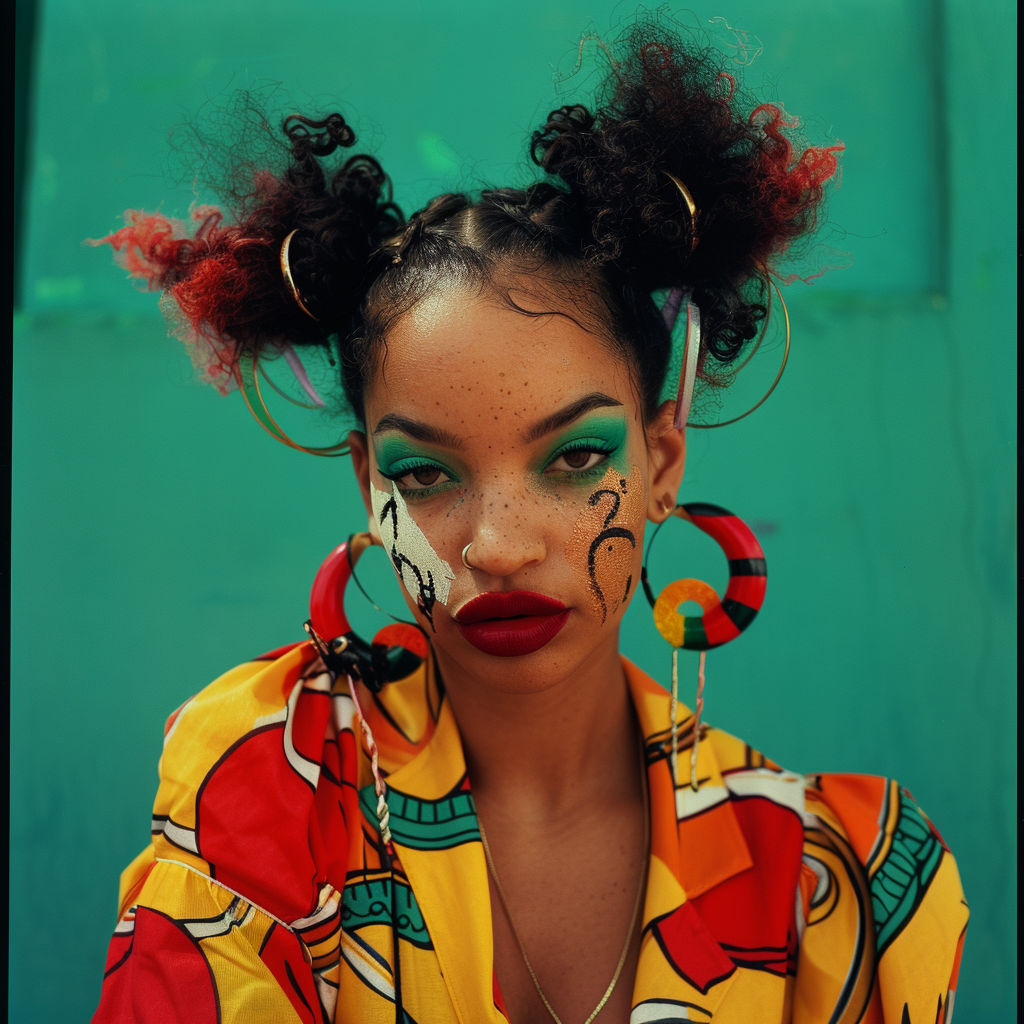 Shot using Hasselblad H6D400c of exotic juicy no smile. The background is bright Hunter Green, creating a striking contrast that highlights Glamour centerfold look. Hip Hop Exotic south african pin up models with ((1988's Hip Hop style)). Model poses in front of camera with circus clown makeup serious look. ((Light hazel eyes)). Contrast portrait and fine detail with high motion. Studio lighting. ((Print Ad)) | Billboard| Magazine. HD. 8K. Cinematic. Movie scene. Centered shot. Supermodel face. Full-body to head. dynamic scene. Front view. Motion Blur. --ar 2:3 --v 6