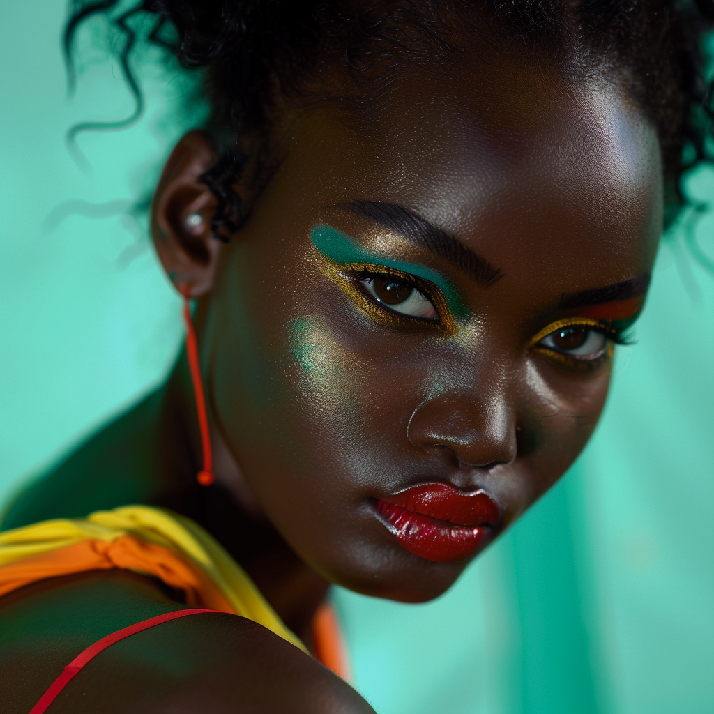 Shot using Hasselblad H6D400c of exotic juicy no smile. The background is bright Hunter Green, creating a striking contrast that highlights Glamour centerfold look. Hip Hop Exotic Kenyan pin up models with ((1988's Hip Hop style)). Model poses in front of camera with circus clown makeup serious look. ((Light hazel eyes)). Contrast portrait and fine detail with high motion. Studio lighting. ((Print Ad)) | Billboard| Magazine. HD. 8K. Cinematic. Movie scene. Centered shot. Supermodel face. Full-body to head. dynamic scene. Front view. Motion Blur. --ar 2:3 --v 6