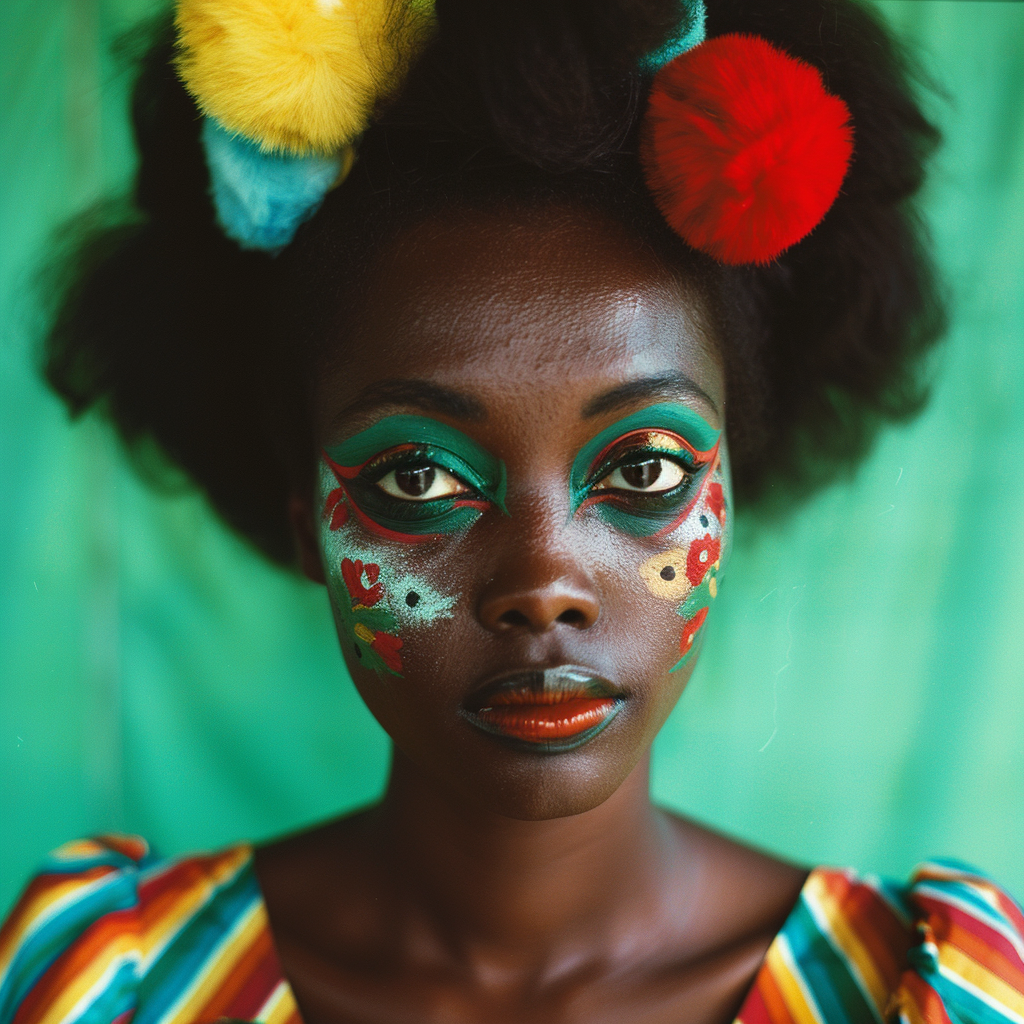 Shot using Hasselblad H6D400c of exotic juicy no smile. The background is bright Hunter Green, creating a striking contrast that highlights Glamour centerfold look. Hip Hop Exotic Kenyan pin up models with ((1988's Hip Hop style)). Model poses in front of camera with circus clown makeup serious look. ((Light hazel eyes)). Contrast portrait and fine detail with high motion. Studio lighting. ((Print Ad)) | Billboard| Magazine. HD. 8K. Cinematic. Movie scene. Centered shot. Supermodel face. Full-body to head. dynamic scene. Front view. Motion Blur. --ar 2:3 --v 6