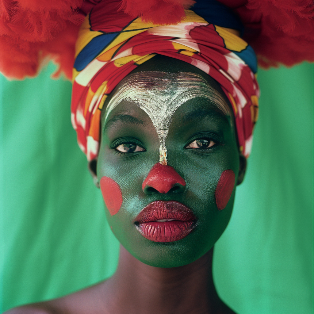 Shot using Hasselblad H6D400c of exotic juicy no smile. The background is bright Hunter Green, creating a striking contrast that highlights Glamour centerfold look. Hip Hop Exotic Kenyan pin up models with ((1988's Hip Hop style)). Model poses in front of camera with circus clown makeup serious look. ((Light hazel eyes)). Contrast portrait and fine detail with high motion. Studio lighting. ((Print Ad)) | Billboard| Magazine. HD. 8K. Cinematic. Movie scene. Centered shot. Supermodel face. Full-body to head. dynamic scene. Front view. Motion Blur. --ar 2:3 --v 6