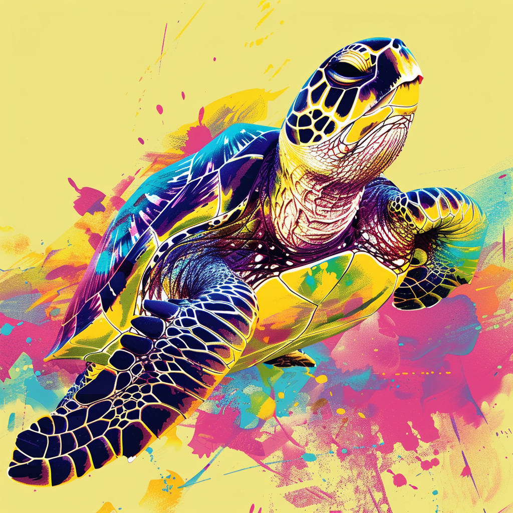 Vibrant depiction of a turtle using minimal design elements and bright colors, the image is centered with a lot of padding.