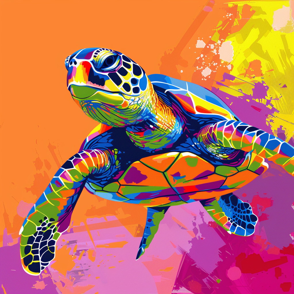 Vibrant depiction of a turtle using minimal design elements and bright colors, the image is centered with a lot of padding.