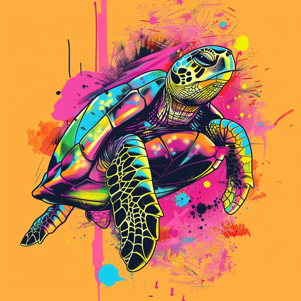 Vibrant depiction of a turtle using minimal design elements and bright colors, the image is centered with a lot of padding.