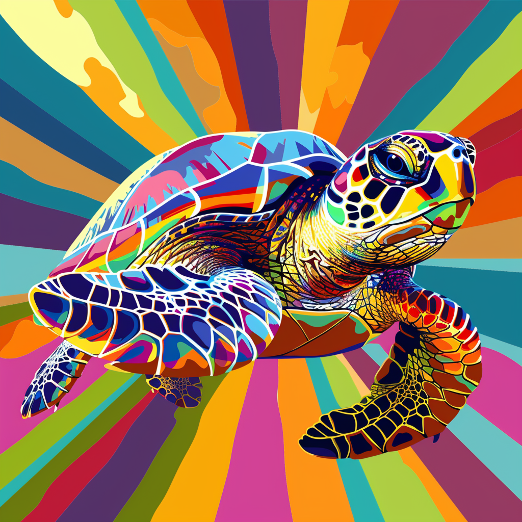 Vibrant depiction of a turtle using minimal design elements and bright colors, the image is centered with a lot of padding.