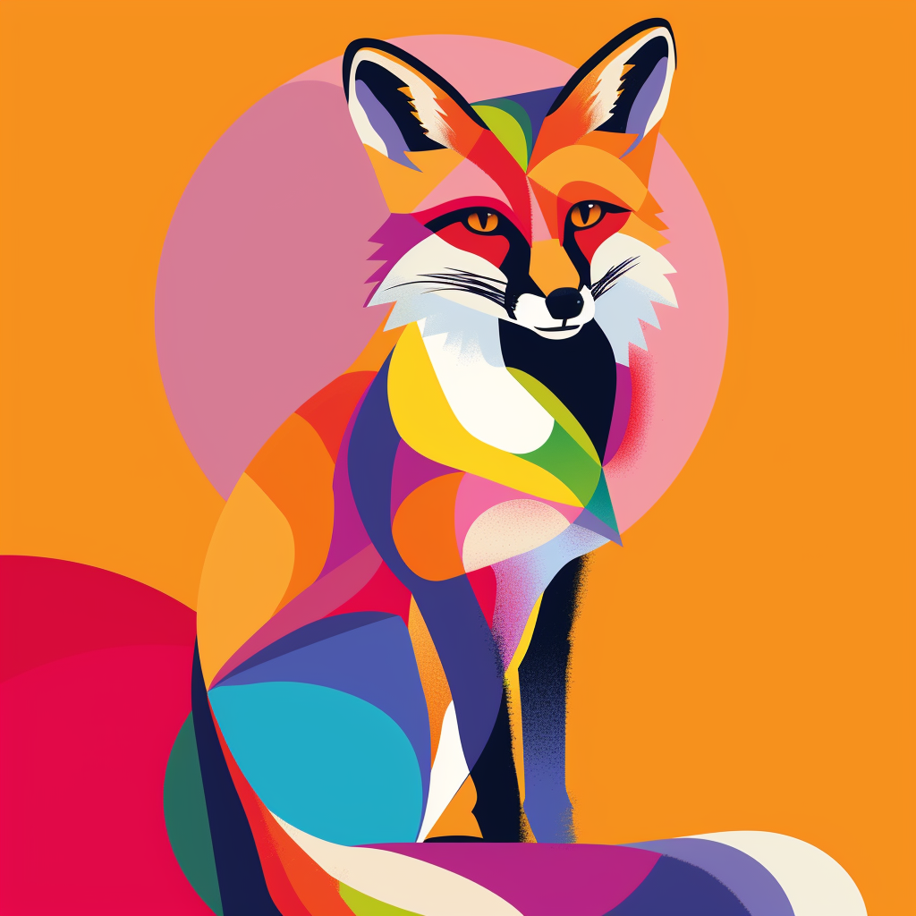 Vibrant depiction of a fox using minimal design elements and bright colors, the image is centered with a lot of padding.