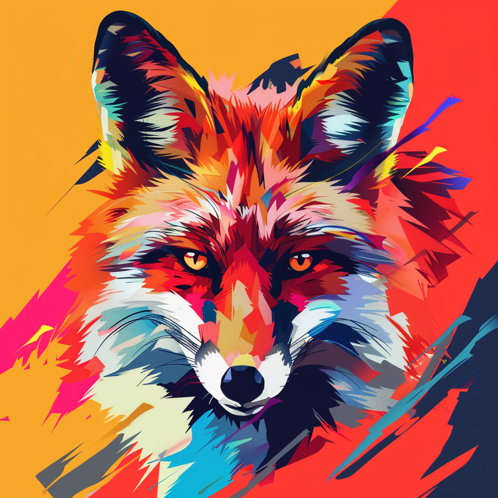 Vibrant depiction of a fox using minimal design elements and bright colors, the image is centered with a lot of padding.