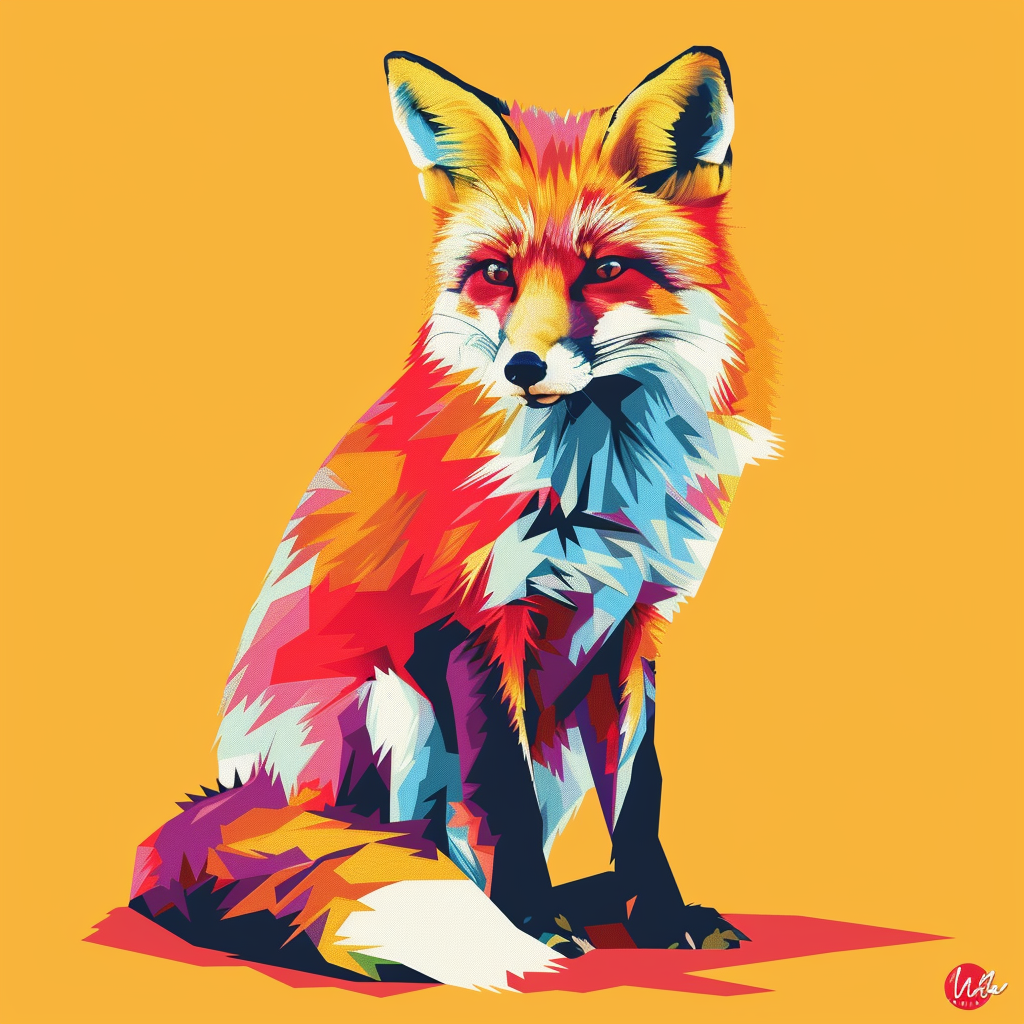 Vibrant depiction of a fox using minimal design elements and bright colors, the image is centered with a lot of padding.