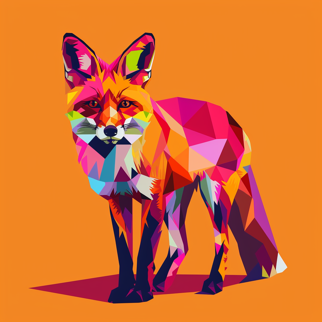 Vibrant depiction of a fox using minimal design elements and bright colors, the image is centered with a lot of padding.