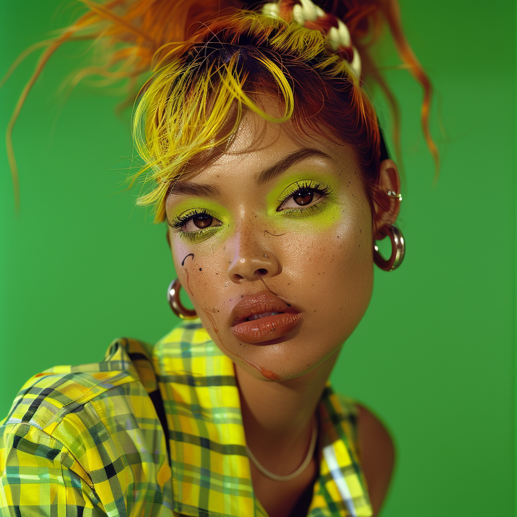 Shot using Hasselblad H6D400c of exotic juicy no smile. The background is bright Hunter Green, creating a striking contrast that highlights Glamour centerfold look. Hip Hop Exotic Yellow race pin up models with ((1988's Hip Hop style)). Model poses in front of camera with circus clown makeup serious look. ((Light hazel eyes)). Contrast portrait and fine detail with high motion. Studio lighting. ((Print Ad)) | Billboard| Magazine. HD. 8K. Cinematic. Movie scene. Centered shot. Supermodel face. Full-body to head. dynamic scene. Front view. Motion Blur. --ar 2:3 --v 6