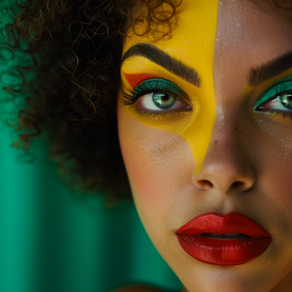 Shot using Hasselblad H6D400c of exotic juicy no smile. The background is bright Hunter Green, creating a striking contrast that highlights Glamour centerfold look. Hip Hop Exotic Yellow race pin up models with ((1988's Hip Hop style)). Model poses in front of camera with circus clown makeup serious look. ((Light hazel eyes)). Contrast portrait and fine detail with high motion. Studio lighting. ((Print Ad)) | Billboard| Magazine. HD. 8K. Cinematic. Movie scene. Centered shot. Supermodel face. Full-body to head. dynamic scene. Front view. Motion Blur. --ar 2:3 --v 6