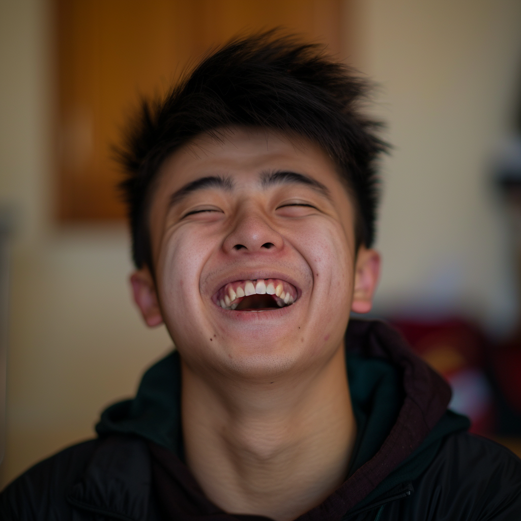 a portrait of a chinese young man laughing ,Sony α7 III camera with a 85mm lens at F 1.2 aperture setting to blur the background and isolate the subject. The image should be shot in high resolution and in a 1:1 aspect ratio with photorealism mode on to create an ultra-realistic image that captures the subject’s natural beauty and personality