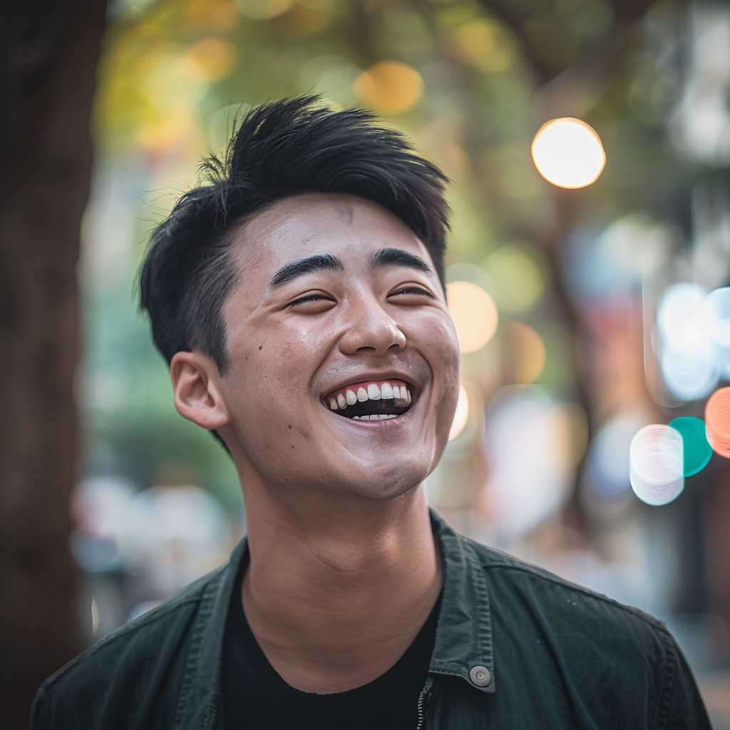 a portrait of a chinese young man laughing ,Sony α7 III camera with a 85mm lens at F 1.2 aperture setting to blur the background and isolate the subject. The image should be shot in high resolution and in a 1:1 aspect ratio with photorealism mode on to create an ultra-realistic image that captures the subject’s natural beauty and personality