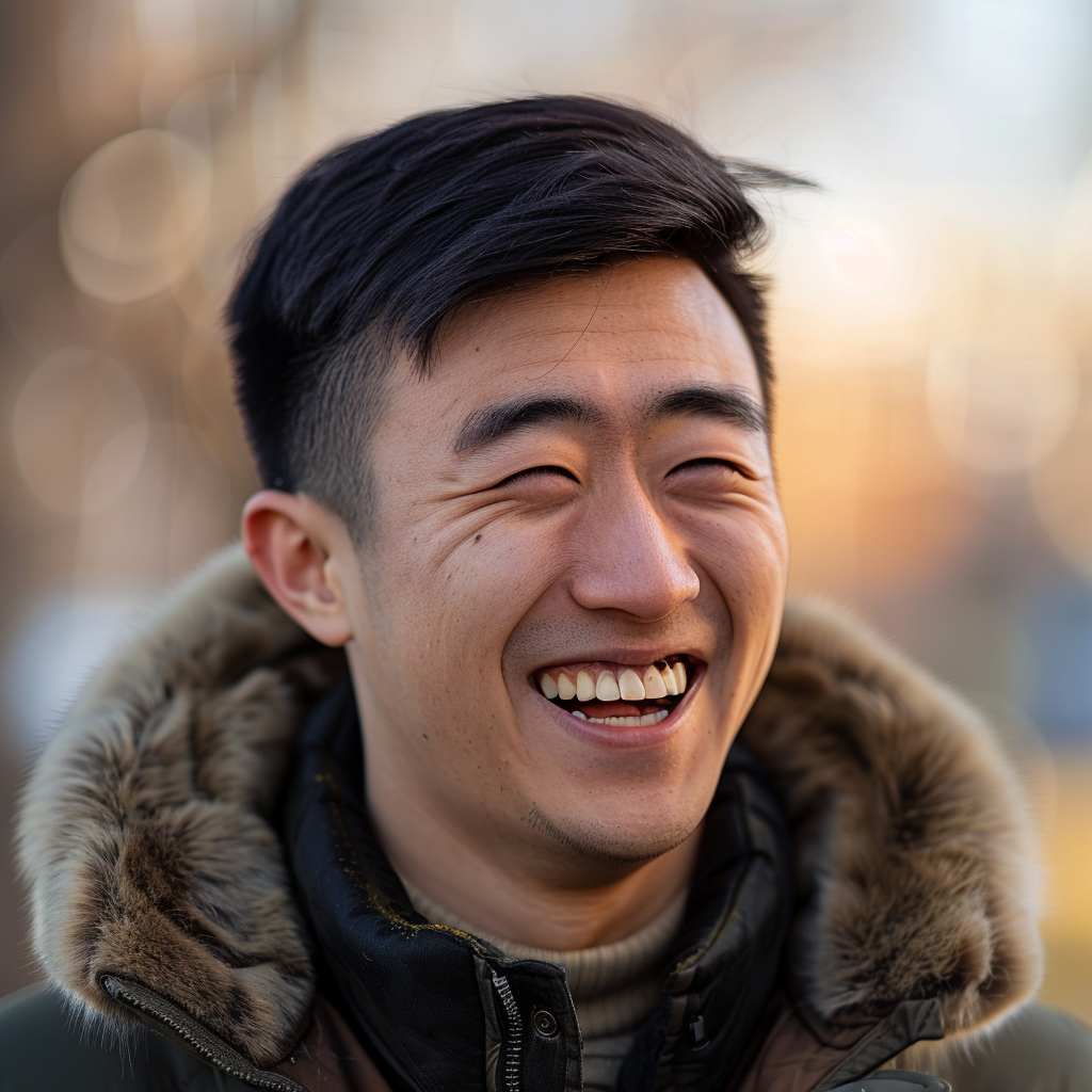 a portrait of a chinese young man laughing ,Sony α7 III camera with a 85mm lens at F 1.2 aperture setting to blur the background and isolate the subject. The image should be shot in high resolution and in a 1:1 aspect ratio with photorealism mode on to create an ultra-realistic image that captures the subject’s natural beauty and personality