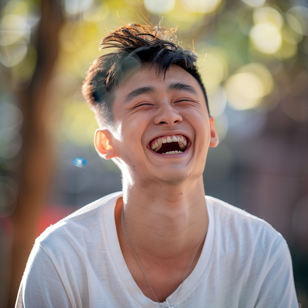 a portrait of a chinese young man laughing ,Sony α7 III camera with a 85mm lens at F 1.2 aperture setting to blur the background and isolate the subject. The image should be shot in high resolution and in a 1:1 aspect ratio with photorealism mode on to create an ultra-realistic image that captures the subject’s natural beauty and personality