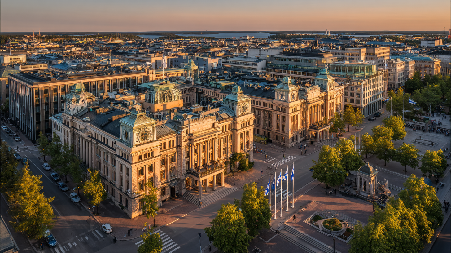 Luchtfoto van het Finse regeringsdistrict in Helsinki met EU- en Finse vlaggen