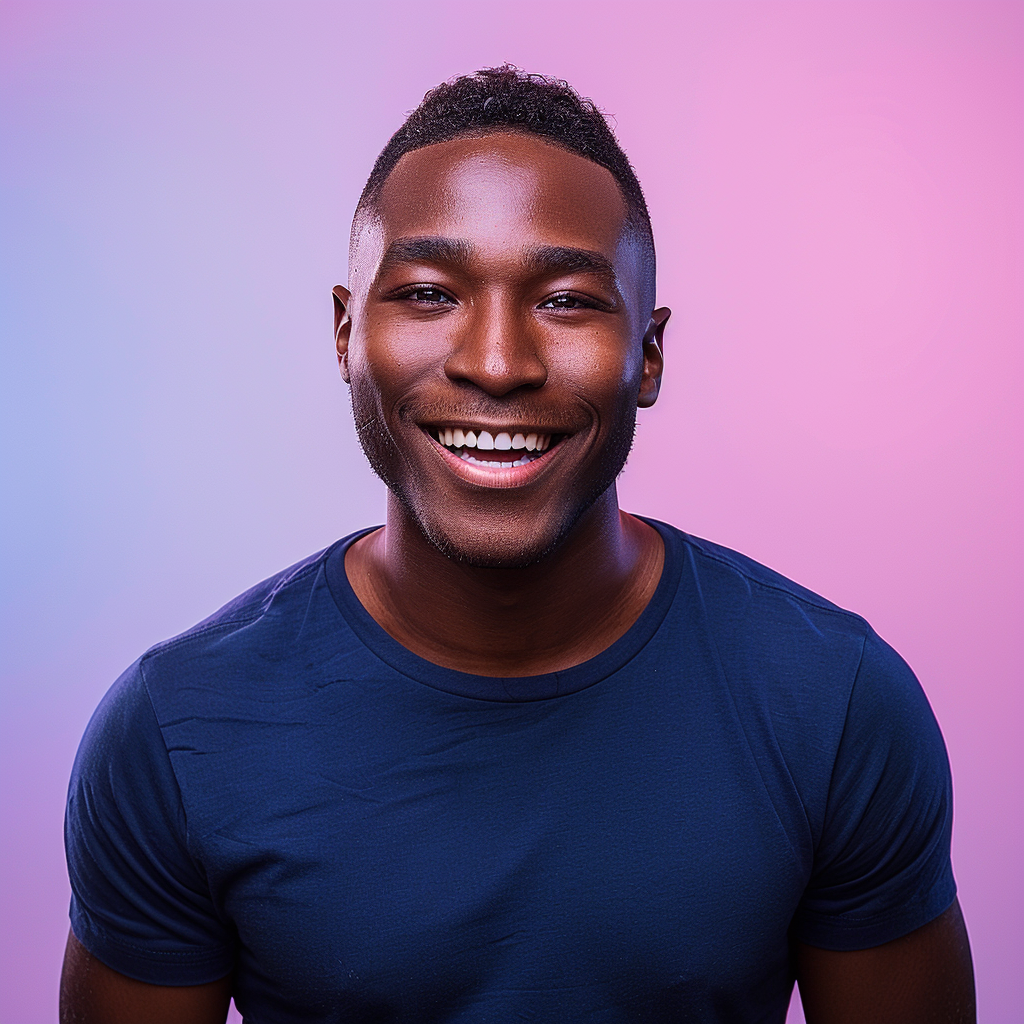 A photo of an attractive young black man with short hair, smiling at the camera, wearing a dark blue t-shirt. He is standing in front of a gradient background that transitions from light purple to pink. The lighting should be soft and even, highlighting his features without harsh shadows or reflections. His expression radiates confidence and warmth, adding depth to the overall composition. --ar 128:109