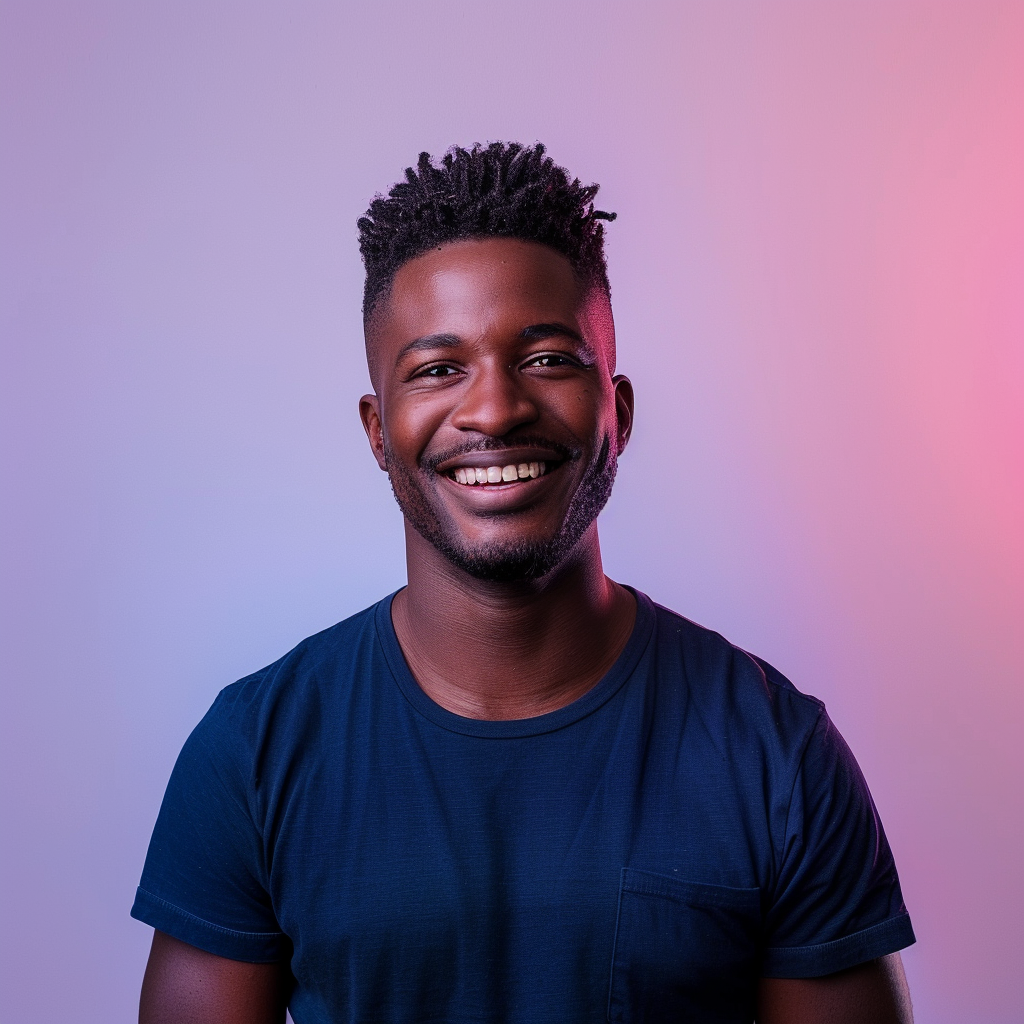 A photo of an attractive young black man with short hair, smiling at the camera, wearing a dark blue t-shirt. He is standing in front of a gradient background that transitions from light purple to pink. The lighting should be soft and even, highlighting his features without harsh shadows or reflections. His expression radiates confidence and warmth, adding depth to the overall composition. --ar 128:109