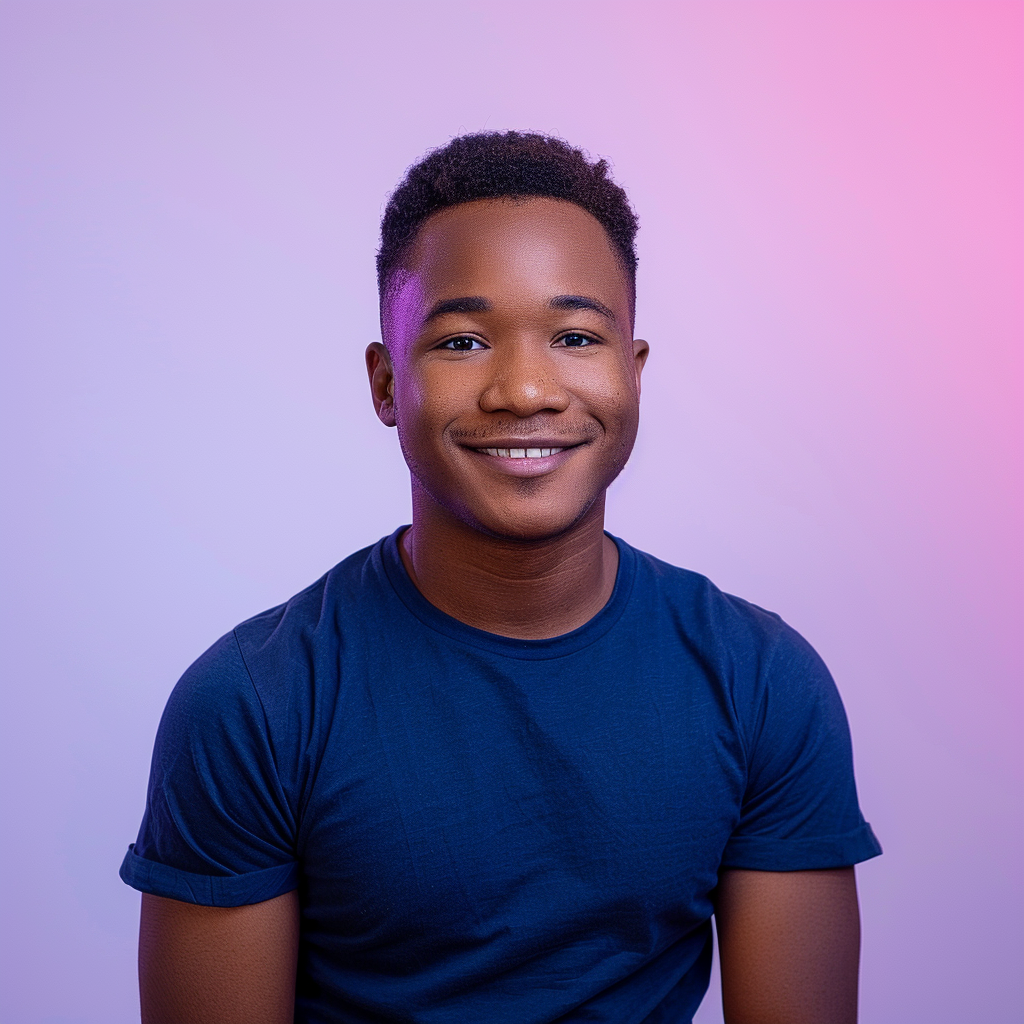 A photo of an attractive young black man with short hair, smiling at the camera, wearing a dark blue t-shirt. He is standing in front of a gradient background that transitions from light purple to pink. The lighting should be soft and even, highlighting his features without harsh shadows or reflections. His expression radiates confidence and warmth, adding depth to the overall composition. --ar 128:109