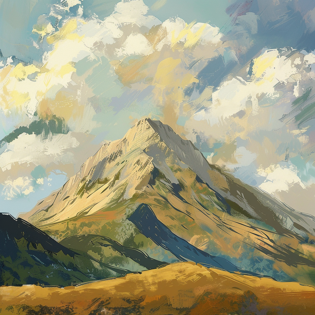 An Impressionist-style illustration of a mountain with a broad aspect ratio.