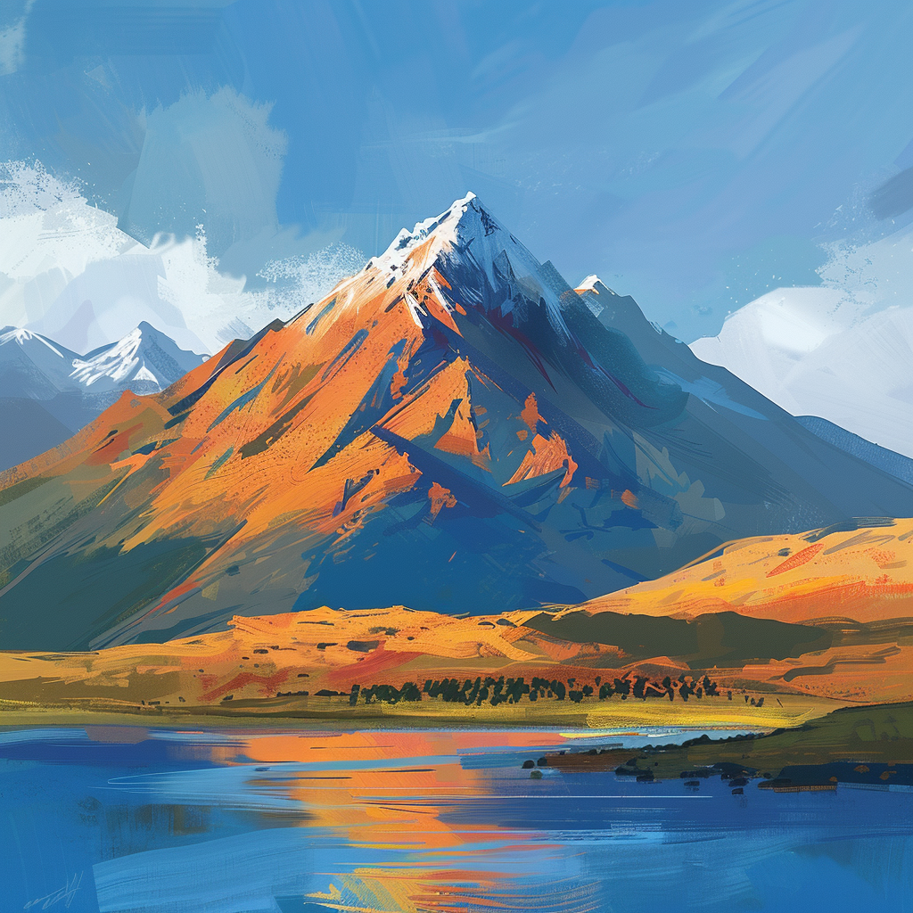 An Impressionist-style illustration of a mountain with a broad aspect ratio.