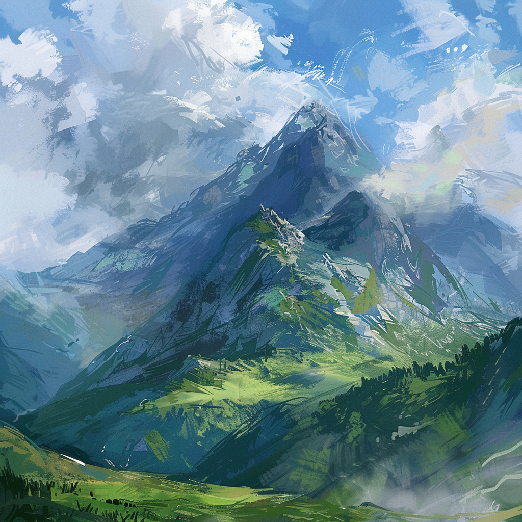 An Impressionist-style illustration of a mountain with a broad aspect ratio.