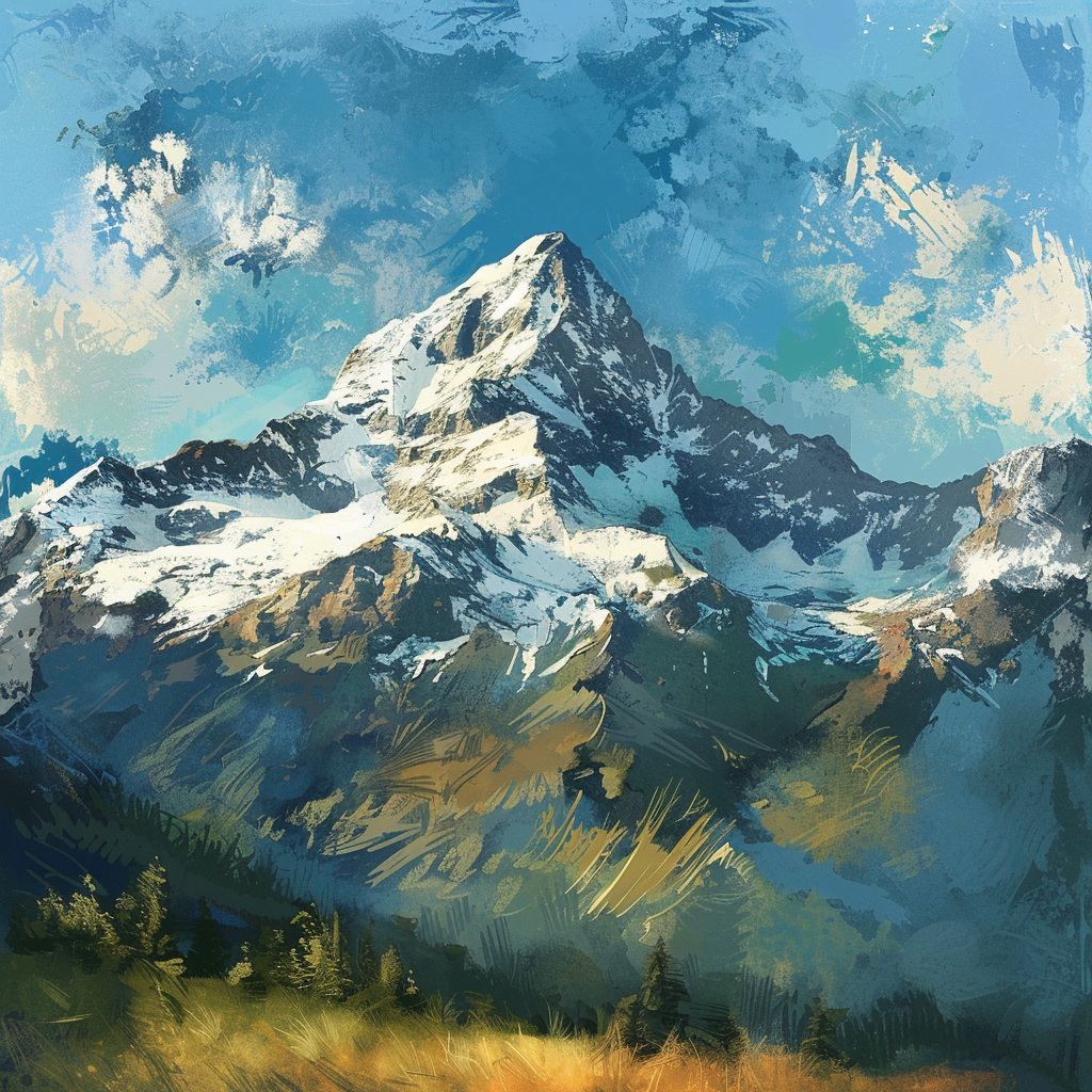 An Impressionist-style illustration of a mountain with a broad aspect ratio.