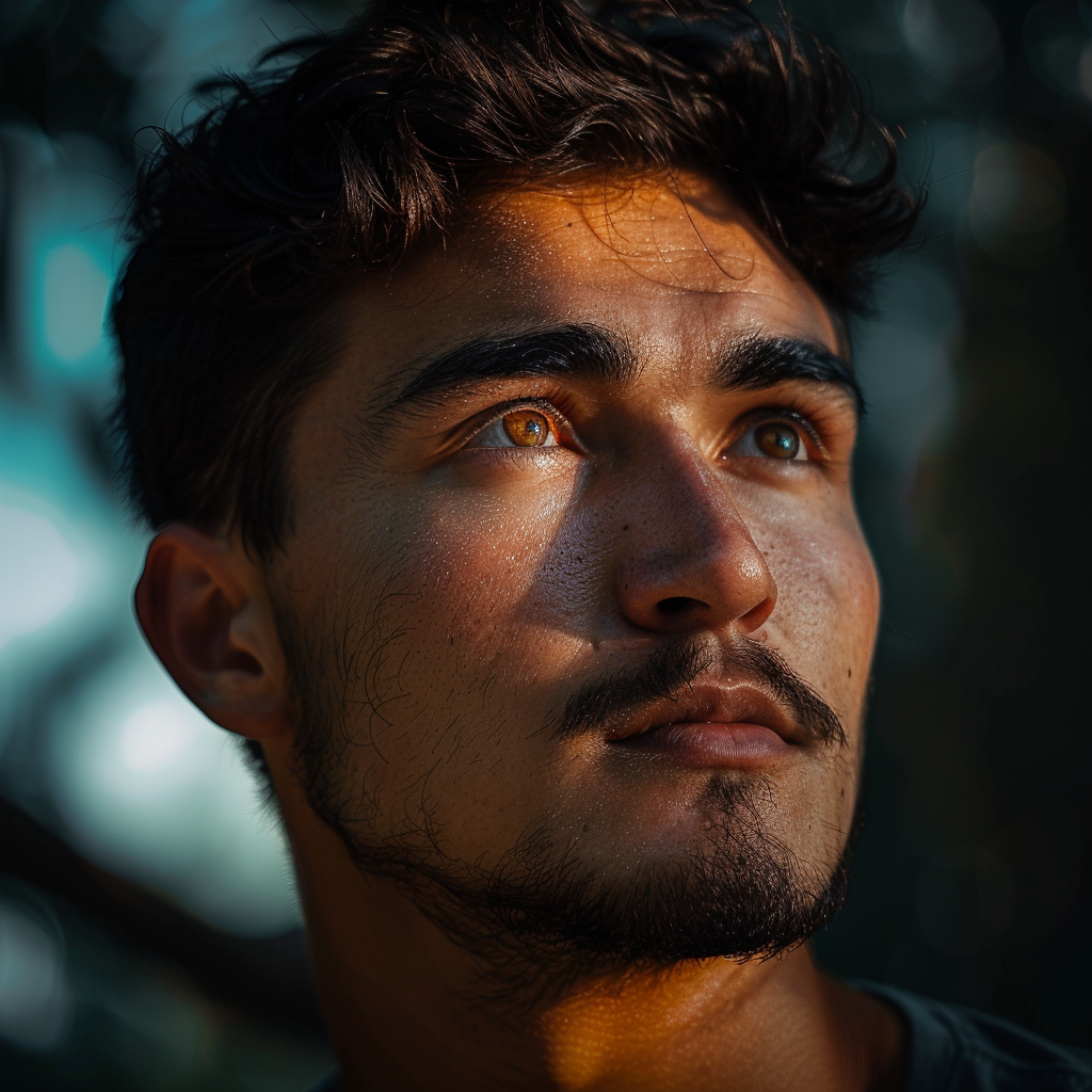 a portrait of a man from another galaxy ,Sony α7 III camera with a 85mm lens at F 1.2 aperture setting to blur the background and isolate the subject. The image should be shot in high resolution and in a 1:1 aspect ratio with photorealism mode on to create an ultra-realistic image that captures the subject’s natural beauty and personality