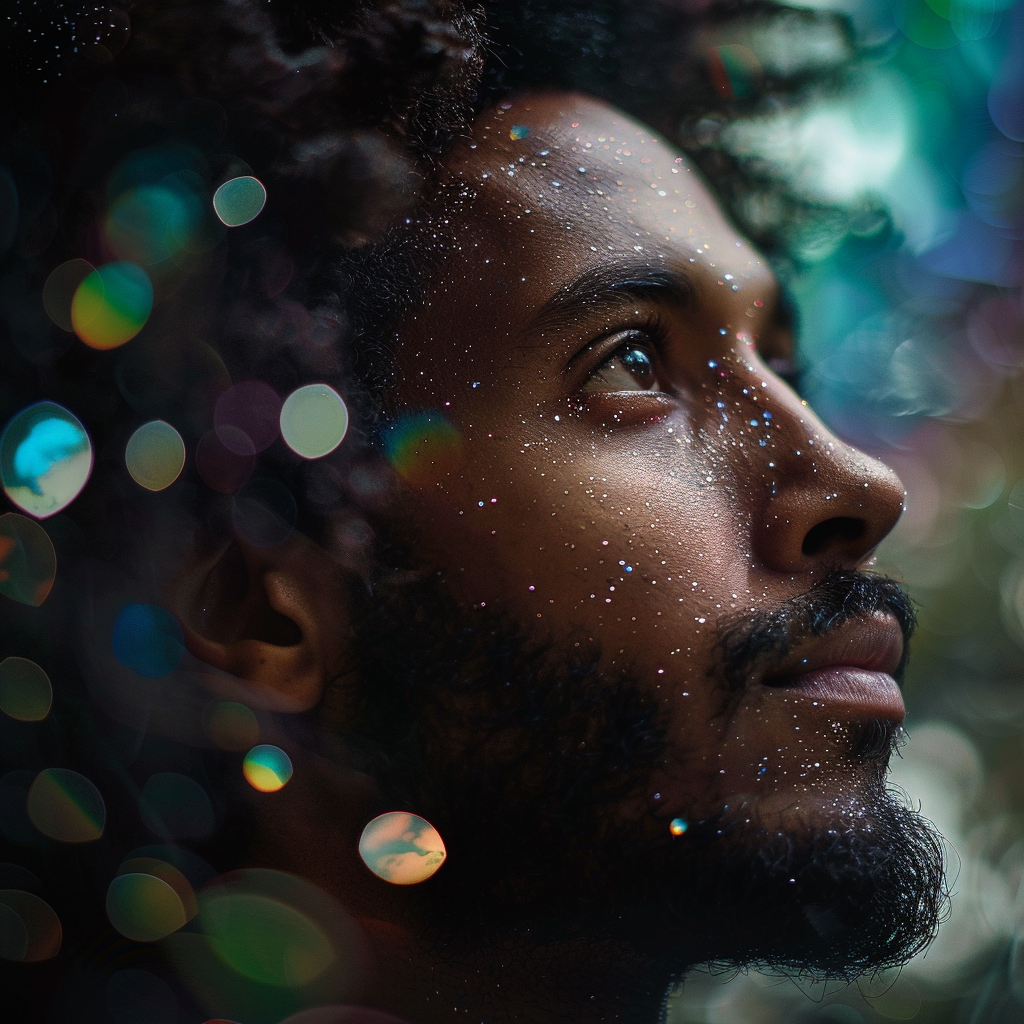 a portrait of a man from another galaxy ,Sony α7 III camera with a 85mm lens at F 1.2 aperture setting to blur the background and isolate the subject. The image should be shot in high resolution and in a 1:1 aspect ratio with photorealism mode on to create an ultra-realistic image that captures the subject’s natural beauty and personality