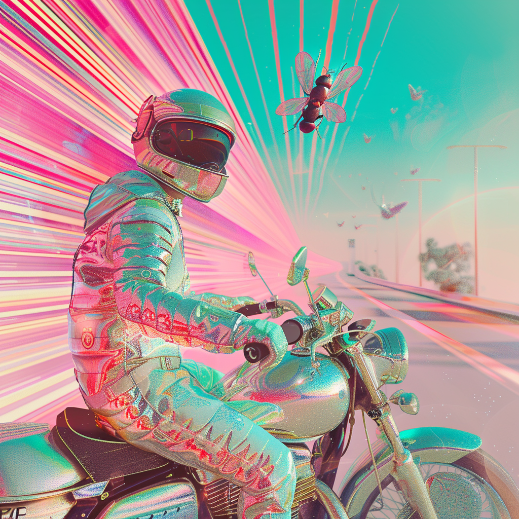 An image of a fly riding a motorbike in a vaporwave, with a wide-angle view.