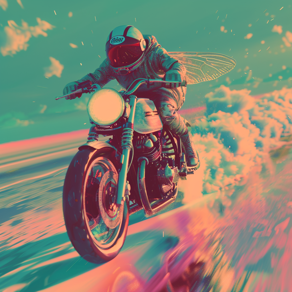 An image of a fly riding a motorbike in a vaporwave, with a wide-angle view.