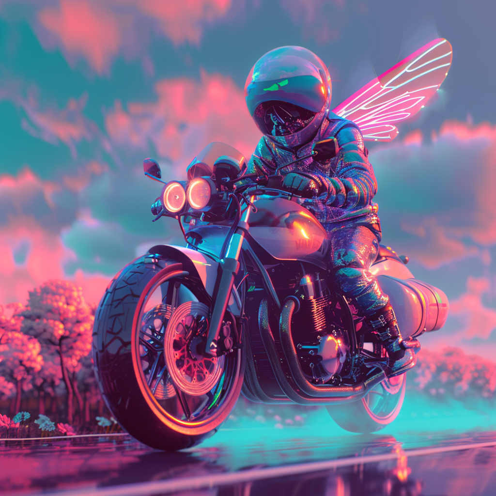 An image of a fly riding a motorbike in a vaporwave, with a wide-angle view.