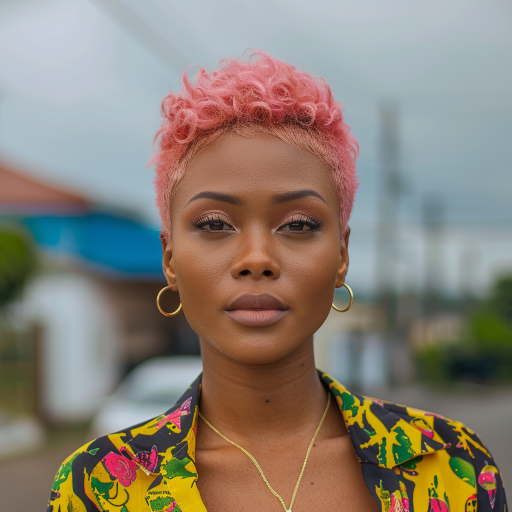 a portrait of black woman with short pink tint hair ,Sony α7 III camera with a 85mm lens at F 1.2 aperture setting to blur the background and isolate the subject. The image should be shot in high resolution and in a 1:1 aspect ratio with photorealism mode on to create an ultra-realistic image that captures the subject’s natural beauty and personality