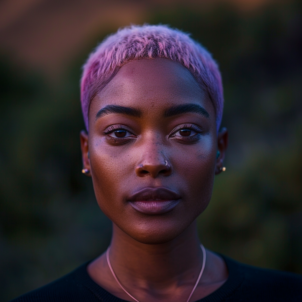 a portrait of black woman with short pink tint hair ,Sony α7 III camera with a 85mm lens at F 1.2 aperture setting to blur the background and isolate the subject. The image should be shot in high resolution and in a 1:1 aspect ratio with photorealism mode on to create an ultra-realistic image that captures the subject’s natural beauty and personality