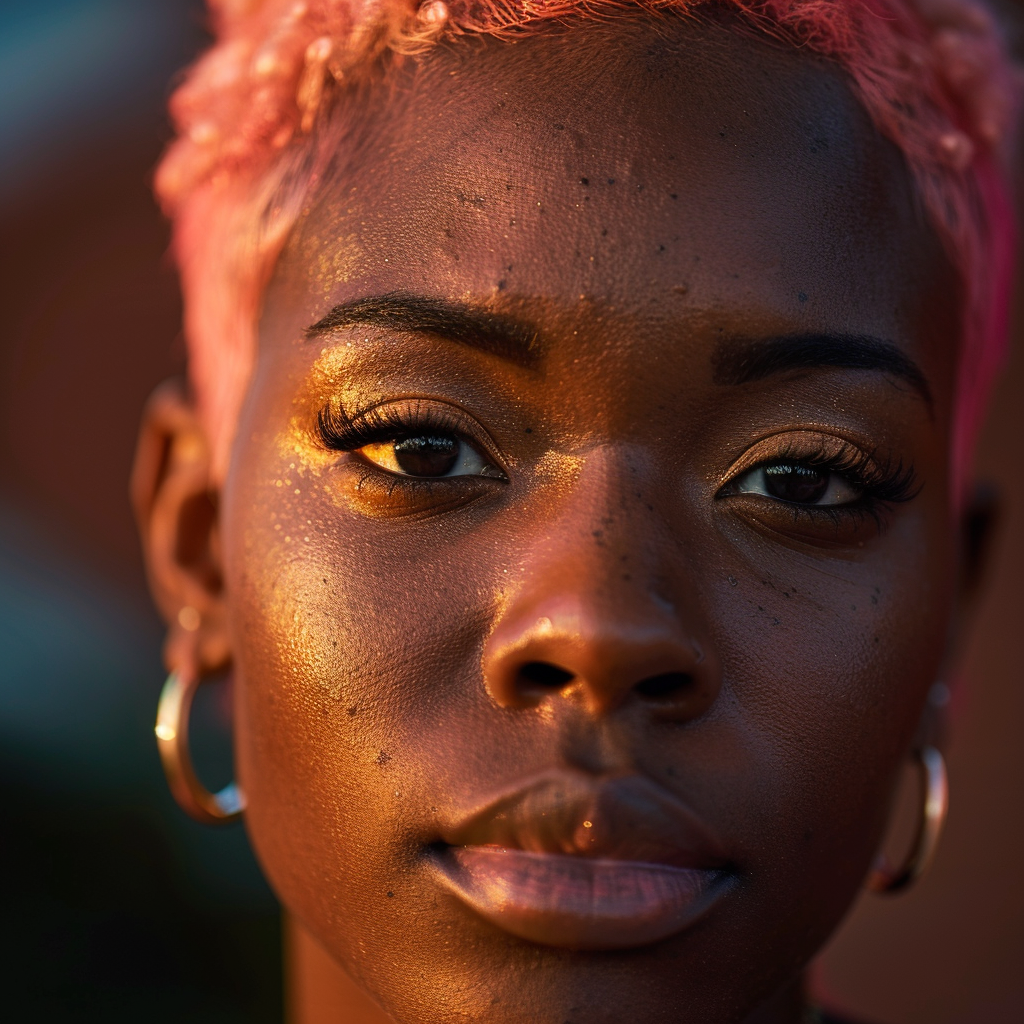 a portrait of black woman with short pink tint hair ,Sony α7 III camera with a 85mm lens at F 1.2 aperture setting to blur the background and isolate the subject. The image should be shot in high resolution and in a 1:1 aspect ratio with photorealism mode on to create an ultra-realistic image that captures the subject’s natural beauty and personality