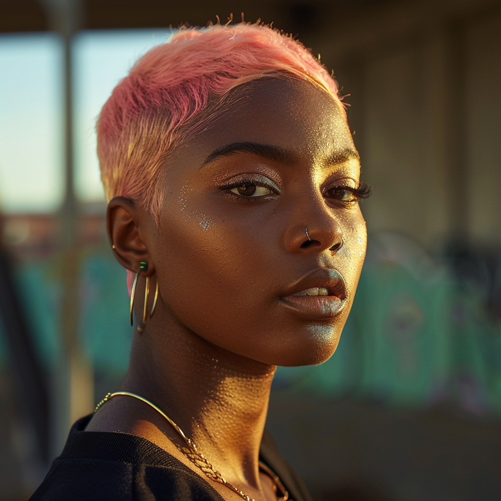 a portrait of black woman with short pink tint hair ,Sony α7 III camera with a 85mm lens at F 1.2 aperture setting to blur the background and isolate the subject. The image should be shot in high resolution and in a 1:1 aspect ratio with photorealism mode on to create an ultra-realistic image that captures the subject’s natural beauty and personality