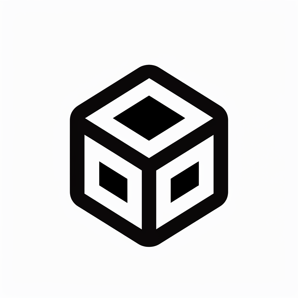 logo, minimalistic style logo of cube with white background and black symbol for company name 'iDorf', icon in the shape of an octagon that represents an augmented reality app on mobile phone, small circle inside big square, simple design