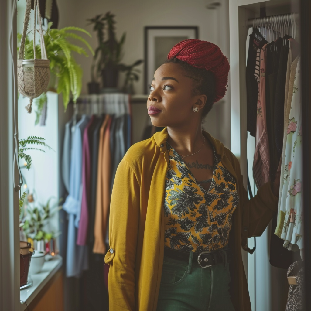 A black woman aged 25 - 45, slim build, red tinted hair is trying on clothes at home that she received by mail from zalando lounge.