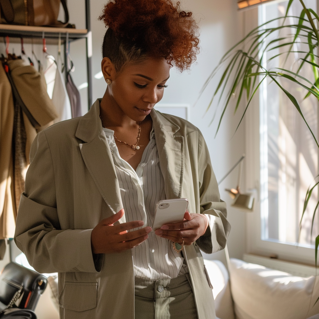 A black woman aged 25 - 45, slim build, red tinted hair is trying on clothes at home that she received by mail from zalando lounge.