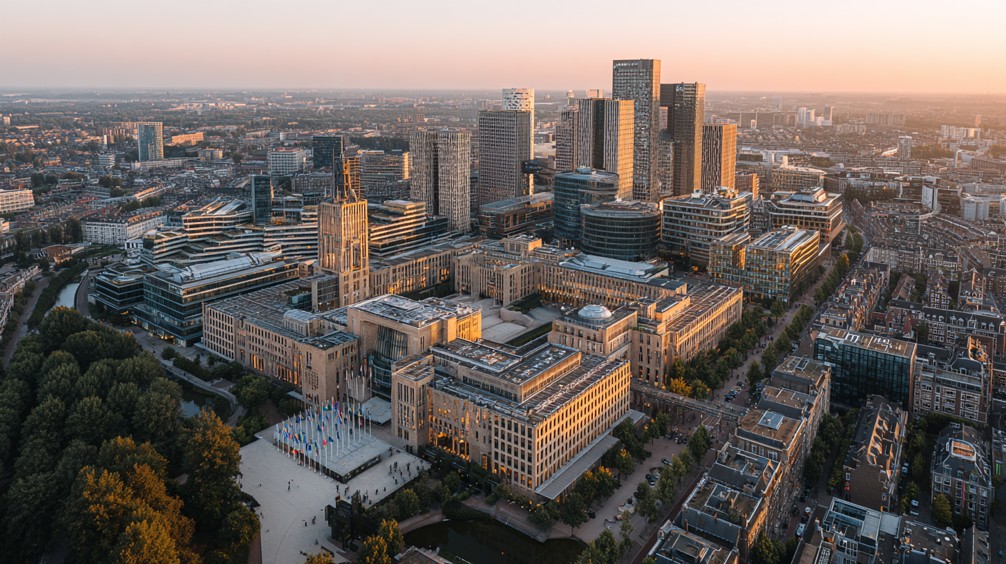 Luchtfoto van het Haagse regeringsdistrict met Europese vlaggen, symbolisch voor Nederlandse begrotingsuitdagingen binnen Europese kaders