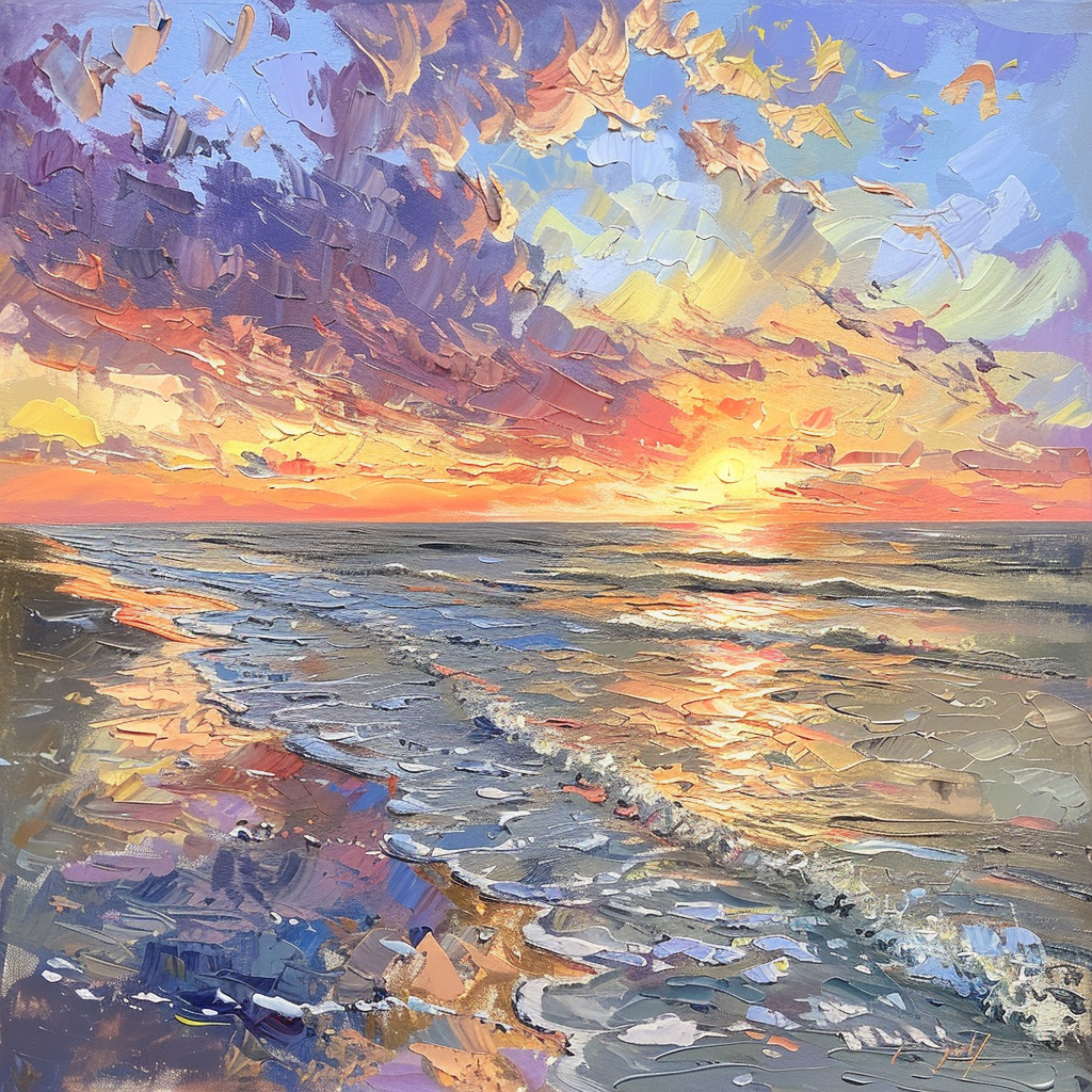 Generate an impressionist-style oil painting of a stunning beach during sunset.