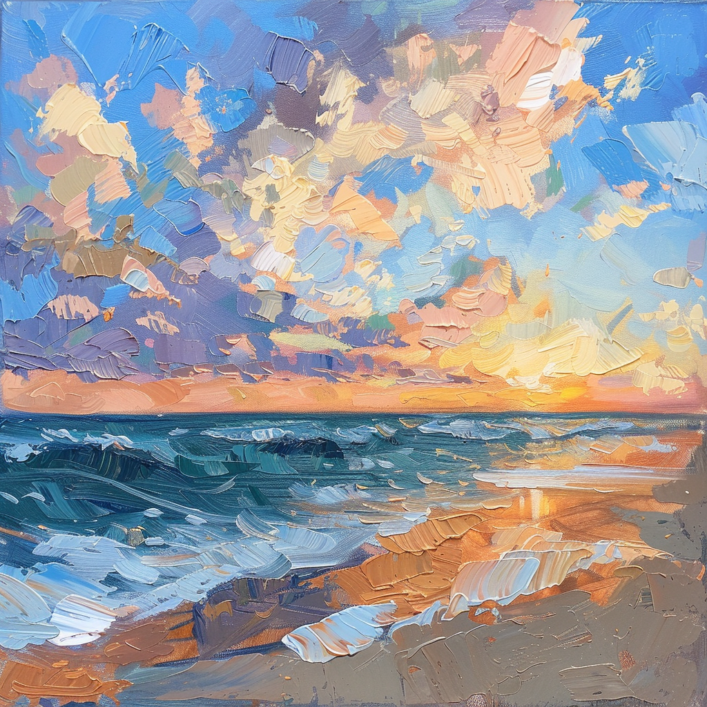 Generate an impressionist-style oil painting of a stunning beach during sunset.