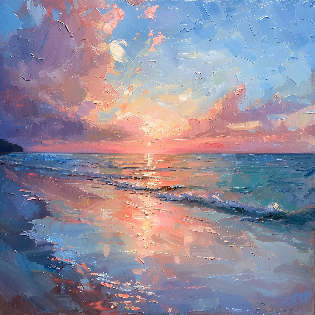 Generate an impressionist-style oil painting of a stunning beach during sunset.