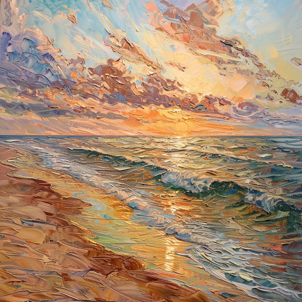 Generate an impressionist-style oil painting of a stunning beach during sunset.