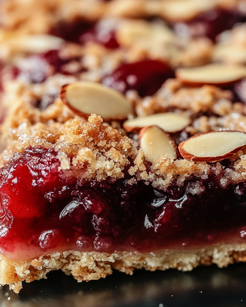 A close-up food photography shot of a cherry pie bar with bright red cherry filling oozing slightly from the sides, golden brown buttery streusel topping studded with toasted almond slices, perfectly layered between crisp bottom crust and crumbly top, captured on iPhone 15 pro, natural window lighting highlighting the glossy cherries and crystallized sugar on top, sharp focus on textures, vibrant red and golden brown colors, centered composition filling entire frame, no visible background --ar 4:5