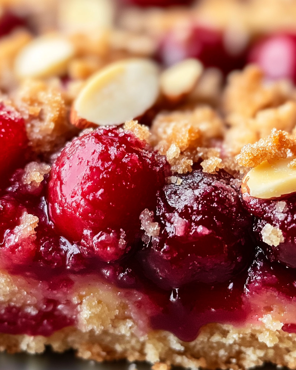 A close-up food photography shot of a cherry pie bar with bright red cherry filling oozing slightly from the sides, golden brown buttery streusel topping studded with toasted almond slices, perfectly layered between crisp bottom crust and crumbly top, captured on iPhone 15 pro, natural window lighting highlighting the glossy cherries and crystallized sugar on top, sharp focus on textures, vibrant red and golden brown colors, centered composition filling entire frame, no visible background --ar 4:5