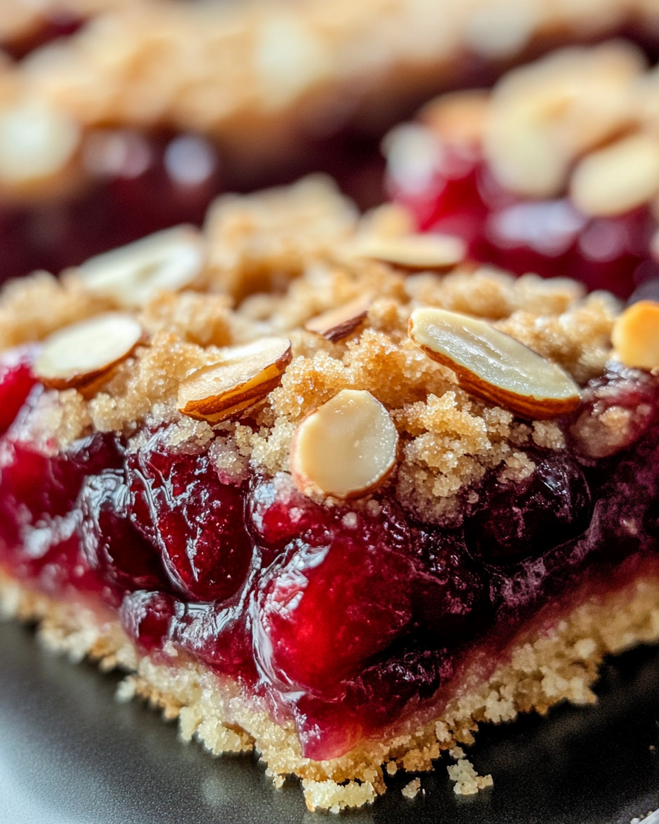 A close-up food photography shot of a cherry pie bar with bright red cherry filling oozing slightly from the sides, golden brown buttery streusel topping studded with toasted almond slices, perfectly layered between crisp bottom crust and crumbly top, captured on iPhone 15 pro, natural window lighting highlighting the glossy cherries and crystallized sugar on top, sharp focus on textures, vibrant red and golden brown colors, centered composition filling entire frame, no visible background --ar 4:5