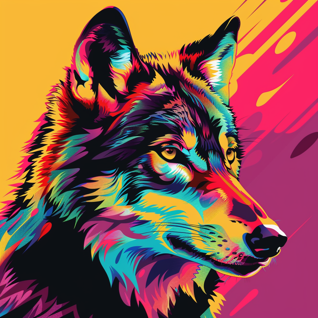 Vibrant depiction of a wolf using minimal design elements and bright colors.