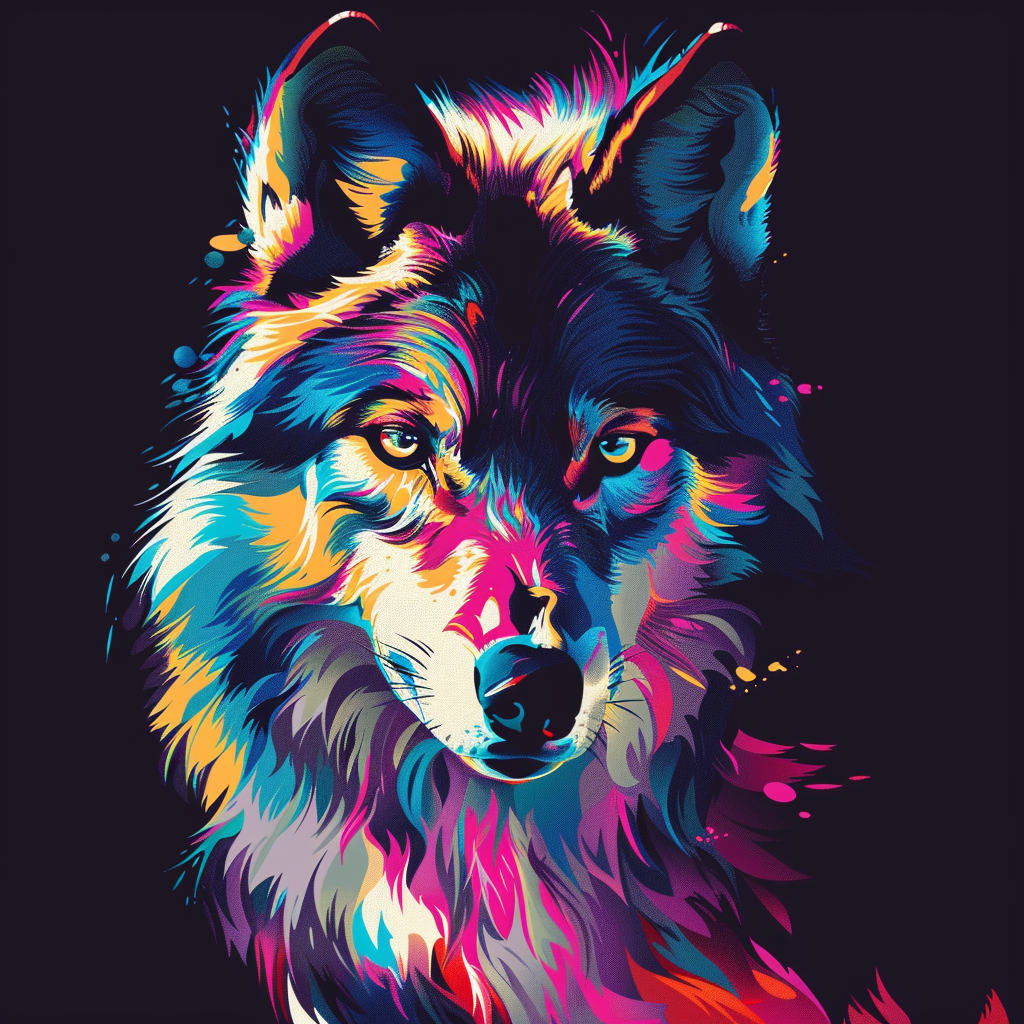 Vibrant depiction of a wolf using minimal design elements and bright colors.