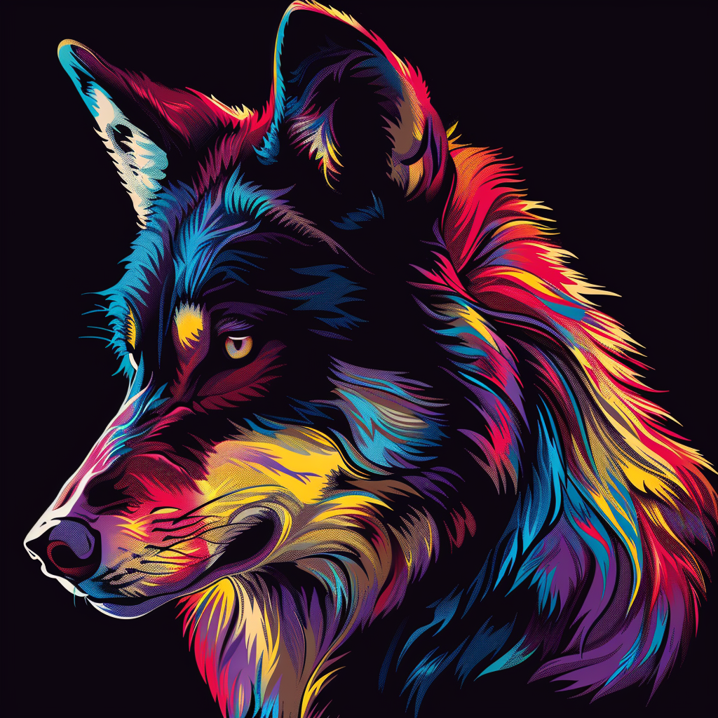 Vibrant depiction of a wolf using minimal design elements and bright colors.